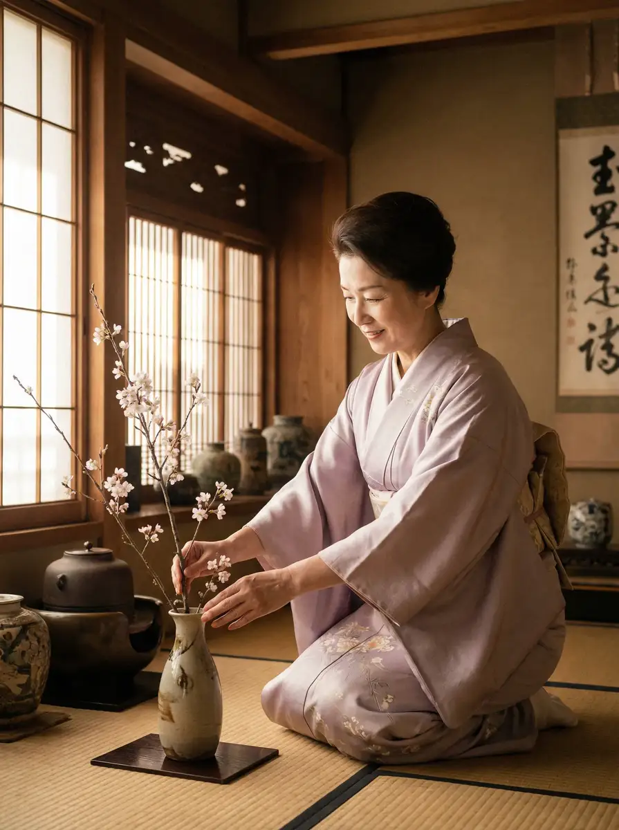一位优雅的 花季传媒每天免费三次最新版黄 在和室中插花